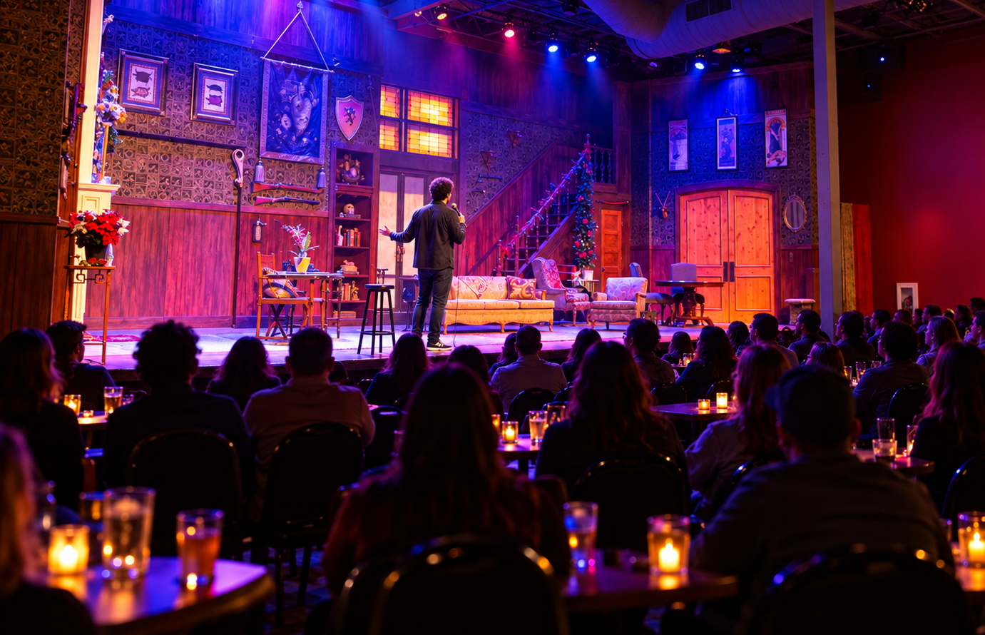Stand-up comedian performing on a decorated theater stage, viewed from the audience with the crowd seated at tables and faces not visible.