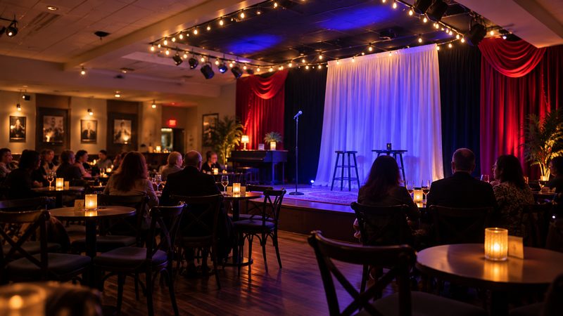 Alt Text: Intimate cabaret-style theater with a small stage, red curtains, candlelit tables, and audience seating.
