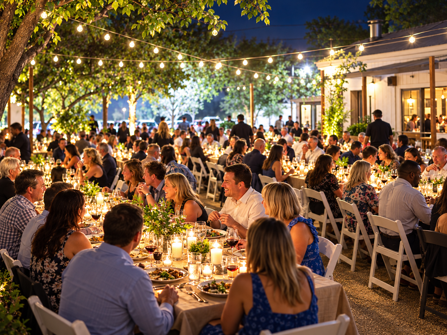 Cena nocturna de banquete al aire libre