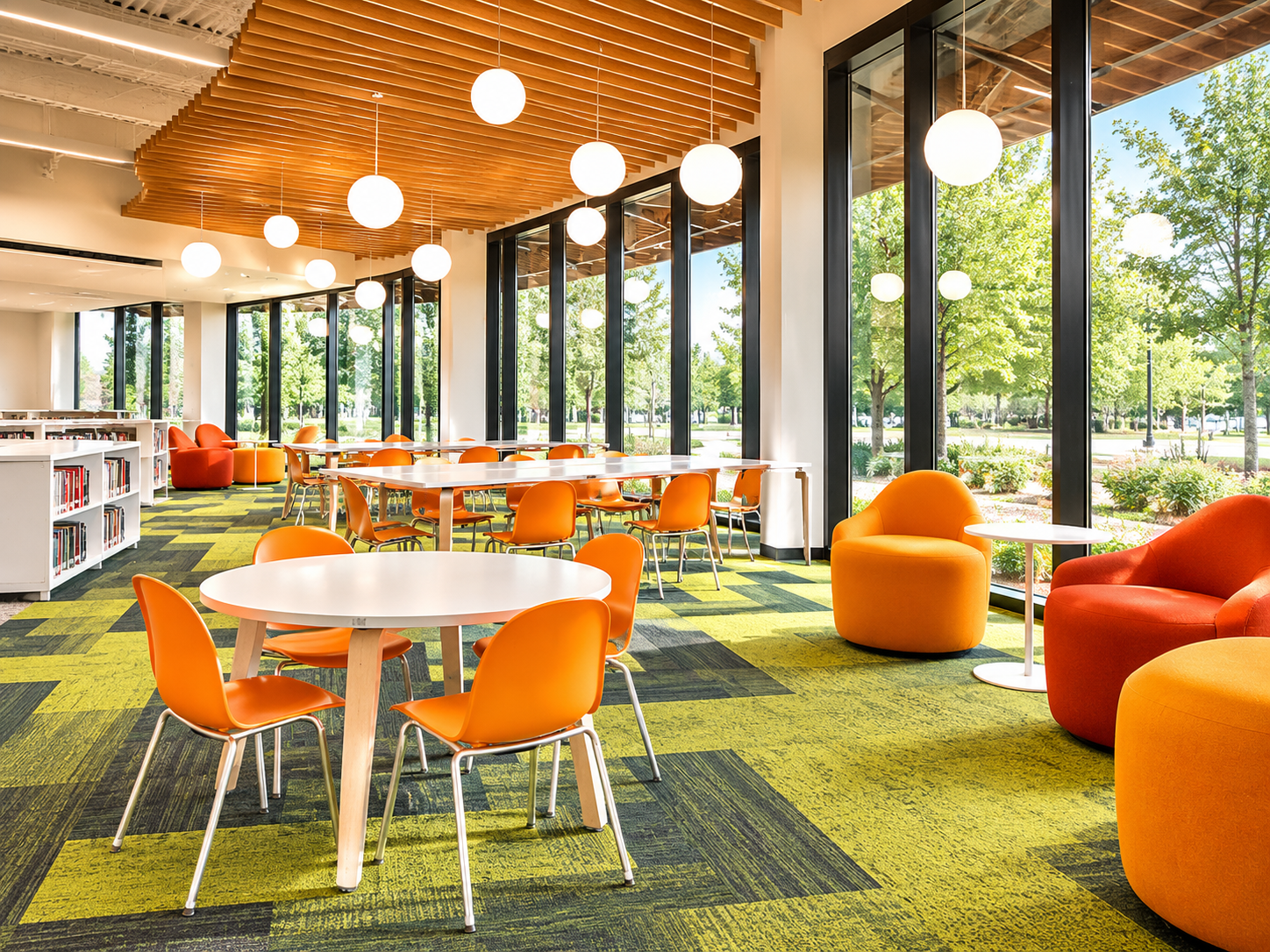 Modern library interior with orange seating, study tables, bookshelves, large windows, and natural light.