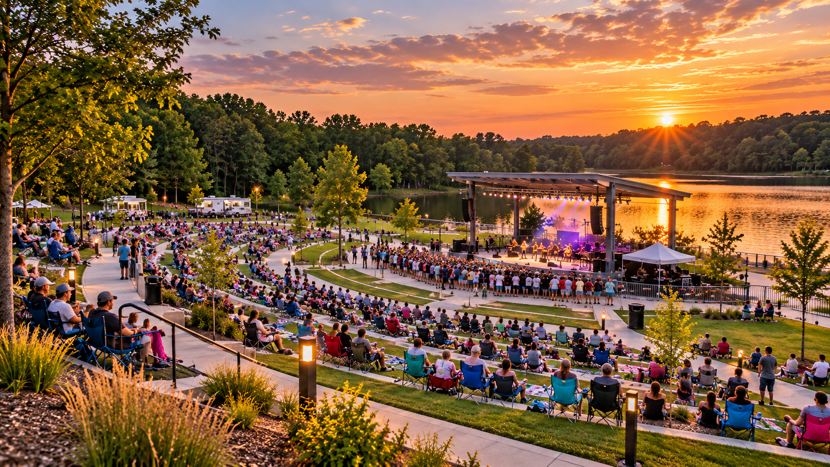 Concierto junto al lago al atardecer