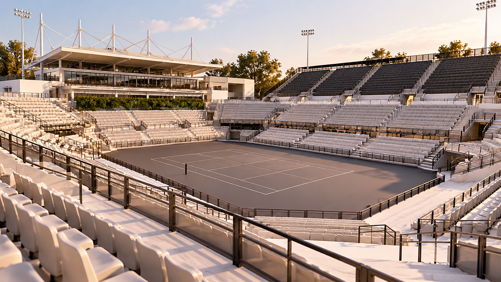 Empty modern outdoor tennis stadium with tiered seating, a central court, and stadium lighting at sunset.