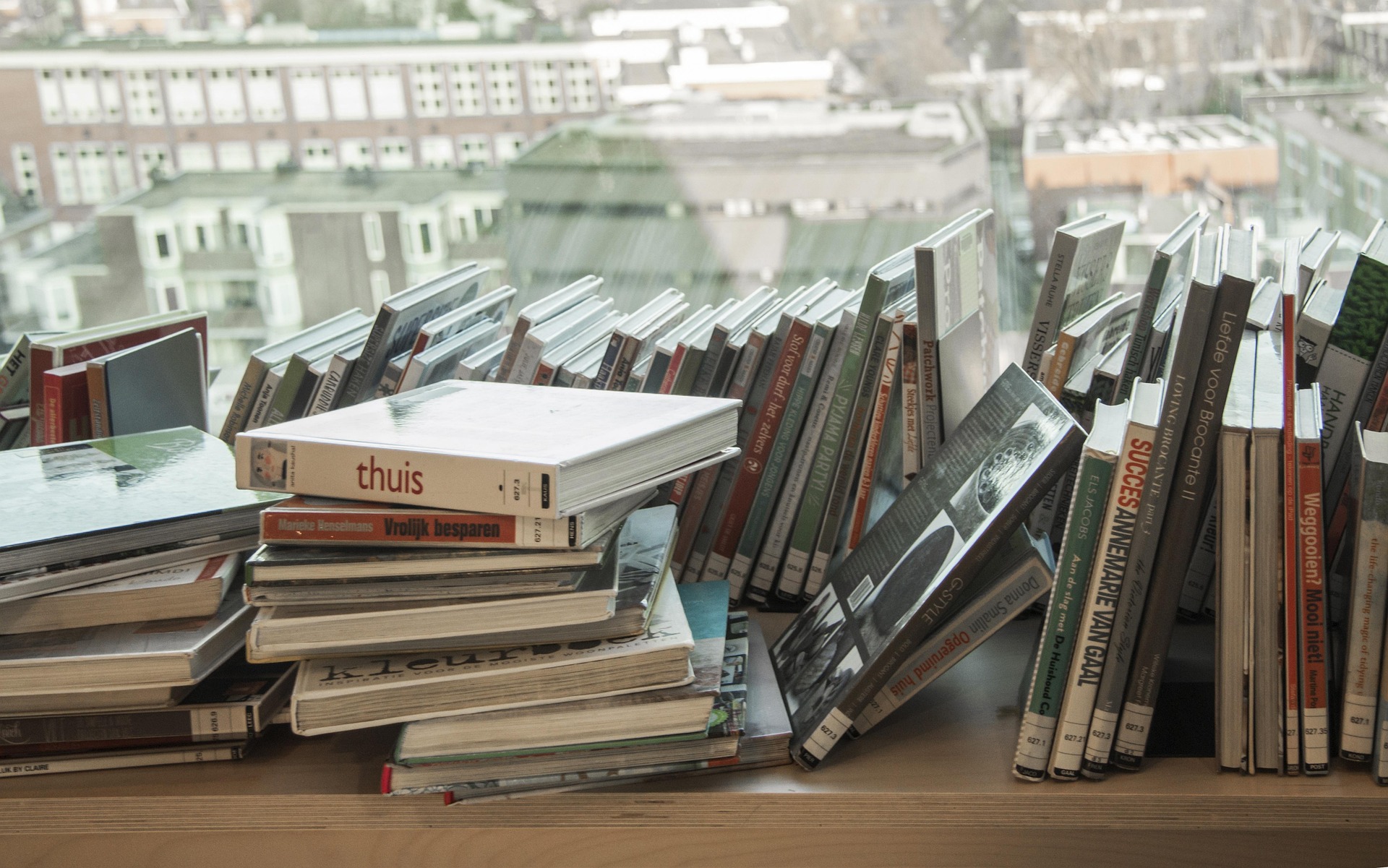 Close-up of assorted books on a table, with a softly blurred window and outdoor view in the background.
