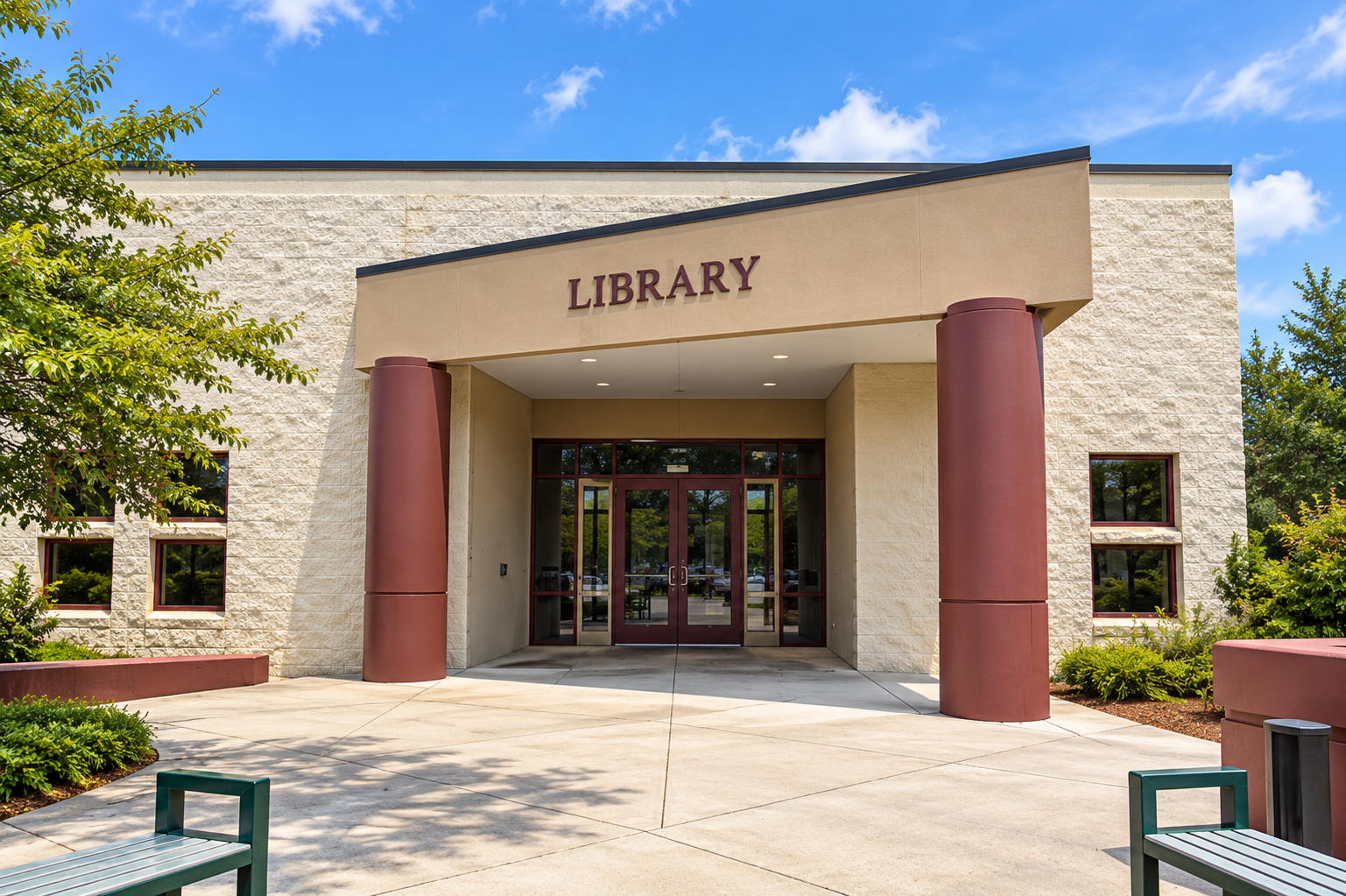 Front entrance of a public library with maroon columns, glass doors, landscaped surroundings, and a clear blue sky.