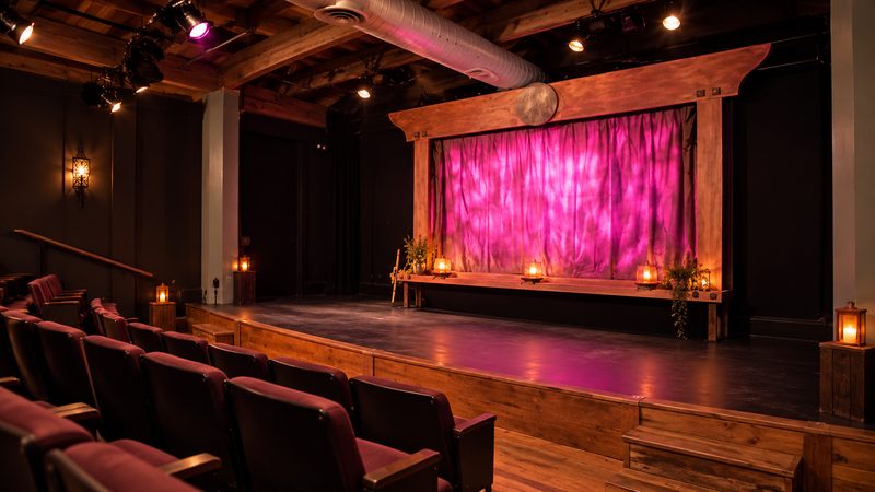 Intimate theater interior with burgundy seats, a small stage, pink curtains, and warm lighting.