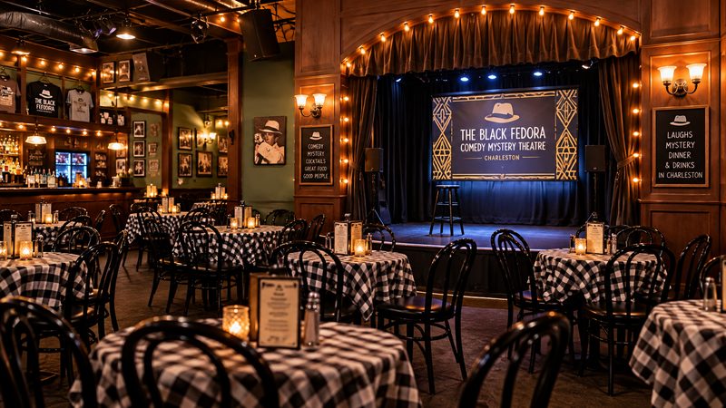 Interior of a comedy mystery theater with checkered tablecloths, black chairs, warm lighting, and a small stage.
