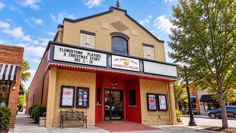 Exterior of the James F. Dean Theatre in Summerville, South Carolina, featuring its historic brick facade, marquee, and main entrance.