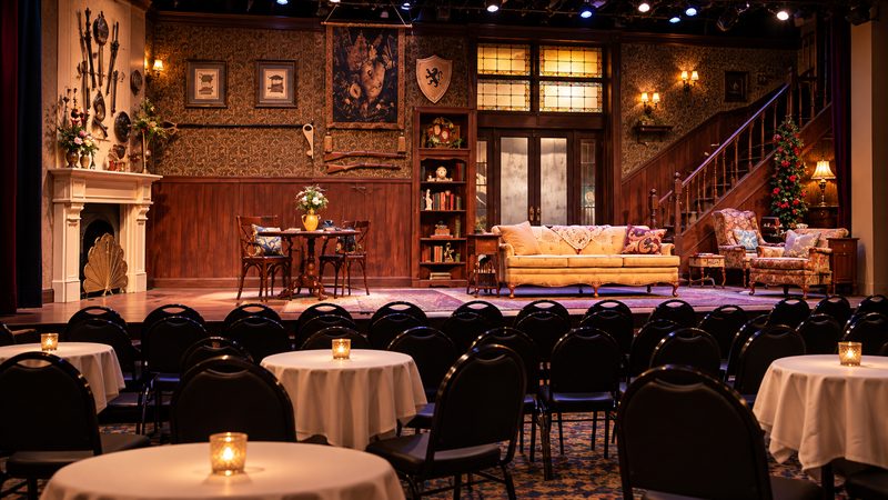 Intimate theater with a living room-style stage set, black audience chairs, round tables, and warm lighting.