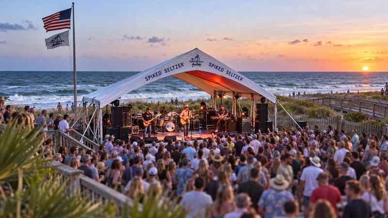 Live beachfront concert at The Windjammer with a band performing under a tented stage and a crowd gathered near the ocean.
