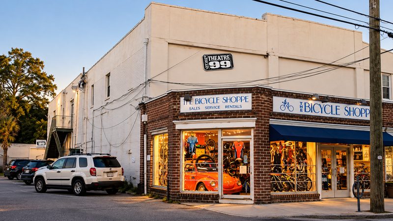 Exterior of Theatre 99 in Charleston, South Carolina, featuring its distinctive sign above a corner bicycle shop.