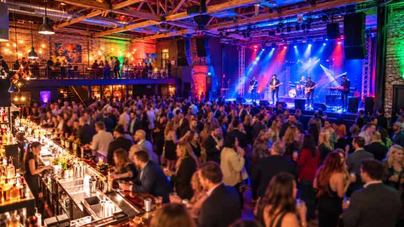 Live music performance at Music Farm with a crowd, bar area, and colorful stage lighting.